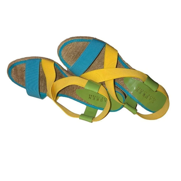 Lauren Ralph Lauren Sz 9 Womens Lemon Turq. Green Strappy Elastic Wedge Sandals - Picture 6 of 8